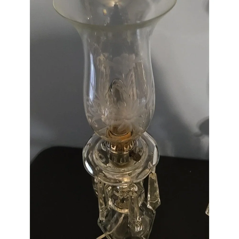 Pair of Etched Glass Boudoir Mantle Crystal Prisms Hurricane Table Lamps